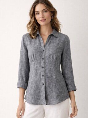 Gray Linen Blouse 100% Linen Lightweight Relaxed Fit Minimalist Button Up M